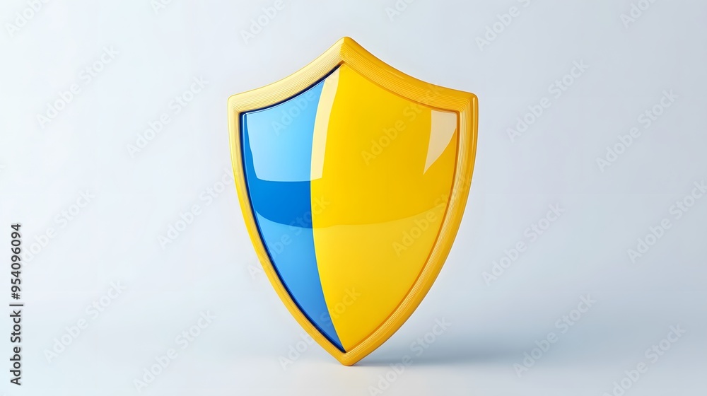 Shield depicting protection. shield 3d icon. Protection, defense and security concept symbol: yellow and blue shield on isolated on white background Shield depicting protection. shield 3d icon. Protection, defense and security concept symbol: yellow and blue shield on isolated on white background
