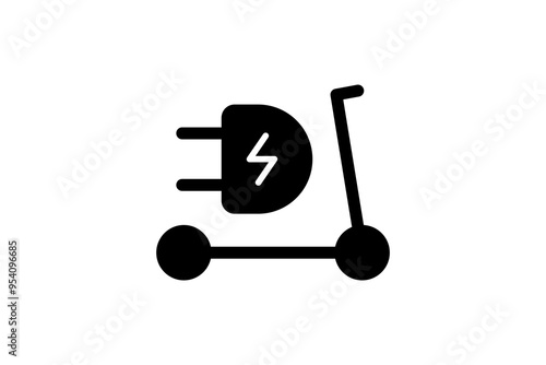 Electric push scooter black icon. Green electrical kick e-scooter and plug charging station symbol. Eco friendly electro vehicle logo concept. Vector battery powered EV transportation eps logotype