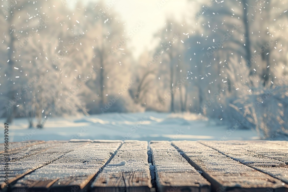 A snowy landscape with a wooden table in the foreground