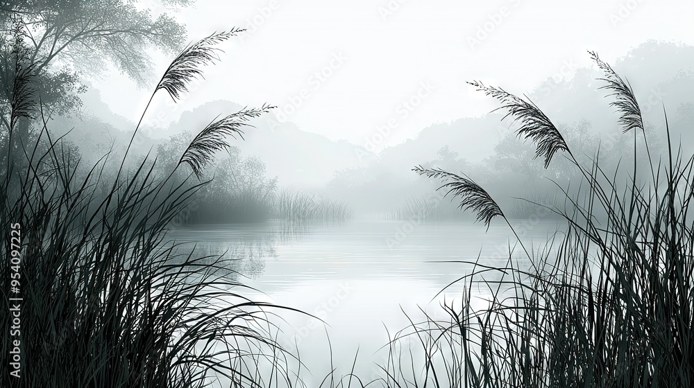 Obraz premium B&W photo of lake with reeds & forest in backdrop