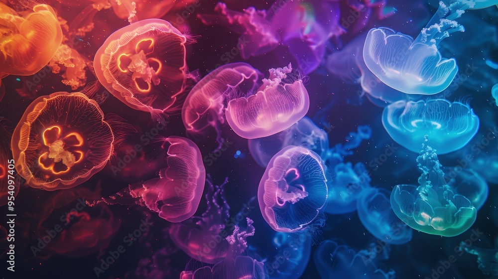 A vibrant underwater scene featuring glowing jellyfish in various colors, creating a mesmerizing and ethereal atmosphere. A vibrant underwater scene featuring glowing jellyfish in various colors, creating a mesmerizing and ethereal atmosphere.