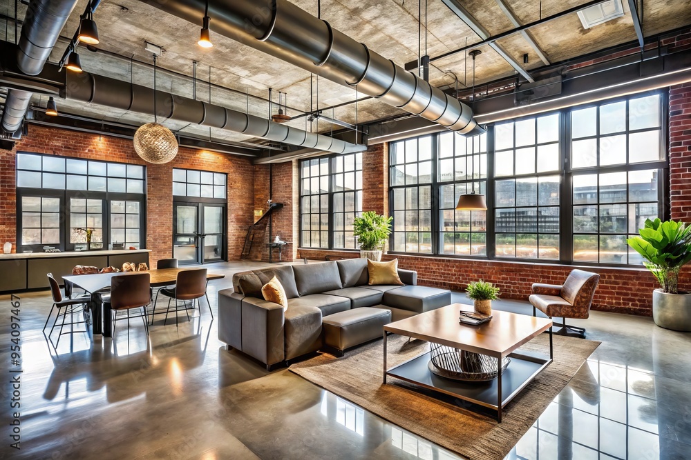 Exposed brick walls, metal beams, and polished concrete floors epitomize urban chic in this sprawling industrial Exposed brick walls, metal beams, and polished concrete floors epitomize urban chic in this sprawling industrial