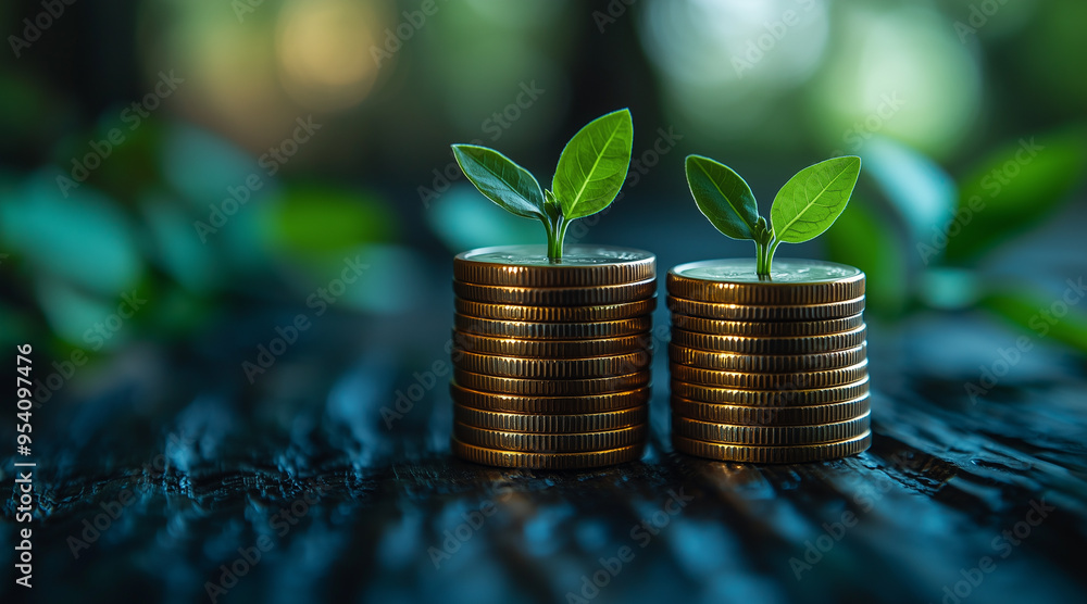 Φωτογραφία stacks of coins of varying heights with small green plants sprouting from the to