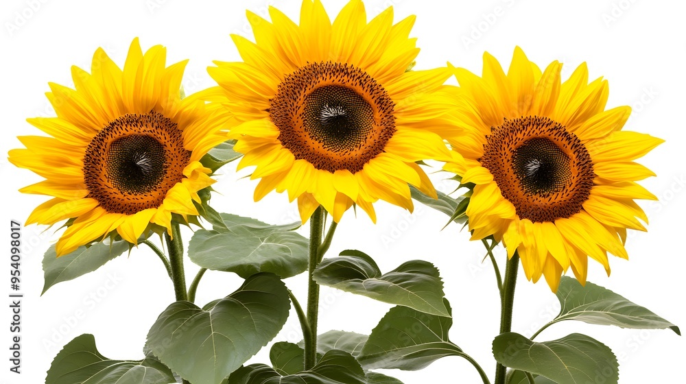 Fototapeta premium Bright yellow sunflowers in full bloom cut out on white background