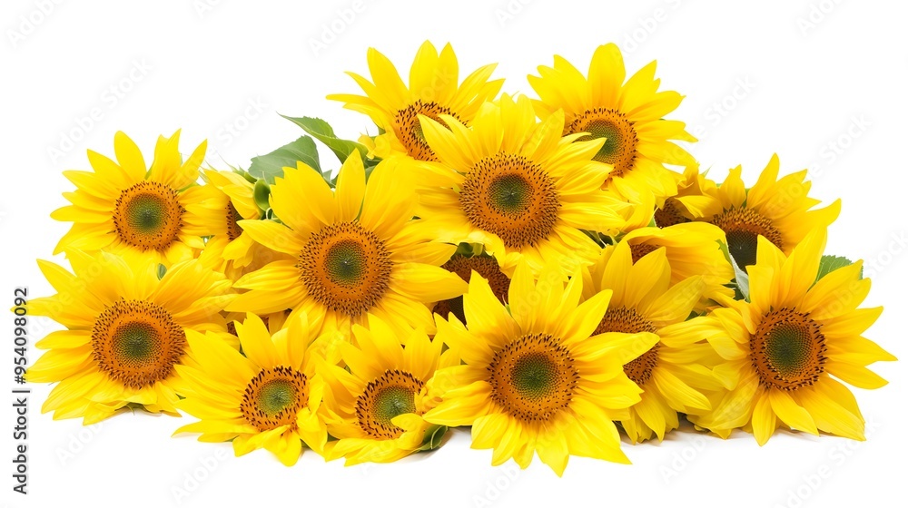 Fototapeta premium Bright yellow sunflowers in full bloom cut out on white background