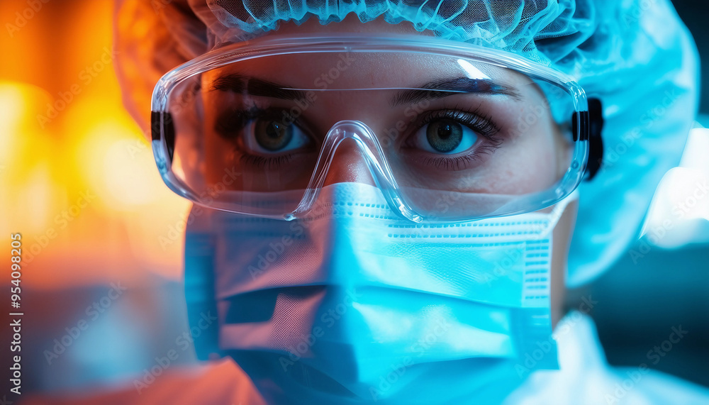 A close-up shot of a scientist wearing protective gear, including a surgical mask, goggles A close-up shot of a scientist wearing protective gear, including a surgical mask, goggles