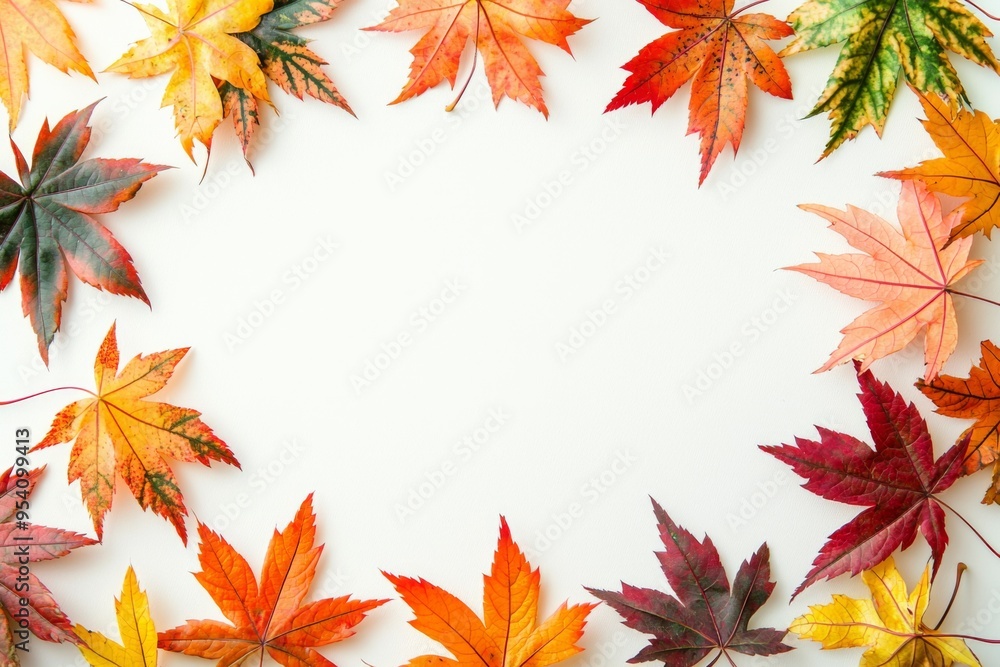 Autumn Maple Leaves Flat Lay White Background created with Generative AI Autumn Maple Leaves Flat Lay White Background created with Generative AI
