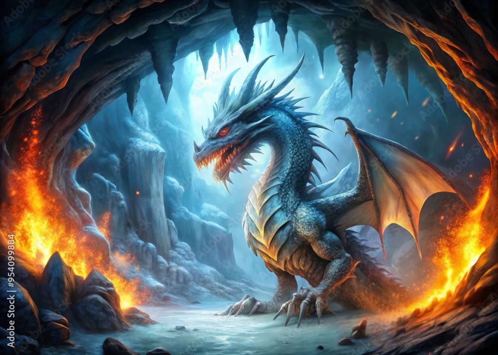 Fierce mythical dragon emerges from frosty ice cave, breathing fiery flames, amidst swirling mist and frozen shards, Fierce mythical dragon emerges from frosty ice cave, breathing fiery flames, amidst swirling mist and frozen shards,