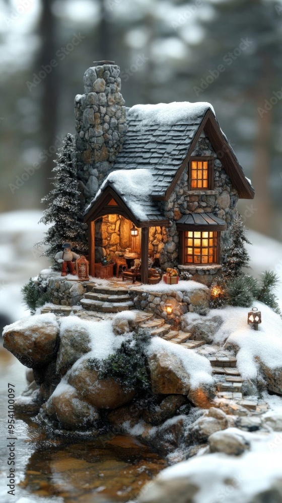 A charming miniature stone cabin retreat nestled in snow, with warm lights glowing, creating a cozy winter atmosphere. A charming miniature stone cabin retreat nestled in snow, with warm lights glowing, creating a cozy winter atmosphere.