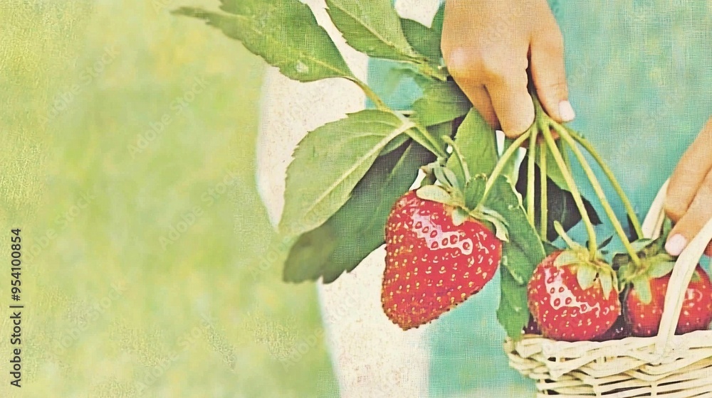 Obraz premium A close-up shot of a woman holding a woven strawberry basket against a green and white backdrop