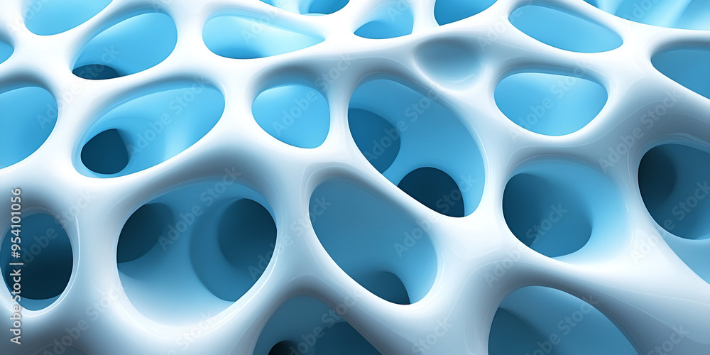 Close-up view of intricate blue cellular structure showcasing organic shapes and interconnecting cavities in a textured pattern Close-up view of intricate blue cellular structure showcasing organic shapes and interconnecting cavities in a textured pattern