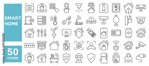Set of 50 line icons related to smart home, control, system, technology, alarm, surveillance, lock, protection, security, remote, Editable stroke. Vector illustration