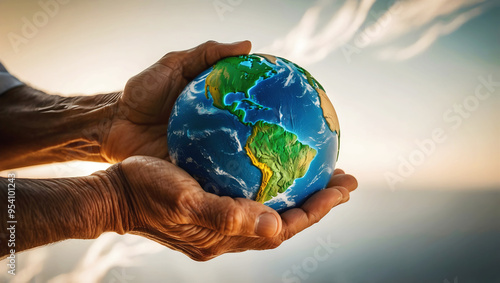 Old wrinkled hands holding planet earth, globe on the palm, eco environment, global connection, background