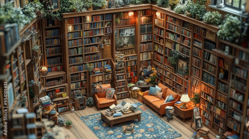 A cozy library with towering bookshelves, comfortable chairs, and plants, creating a warm, inviting atmosphere. A cozy library with towering bookshelves, comfortable chairs, and plants, creating a warm, inviting atmosphere.