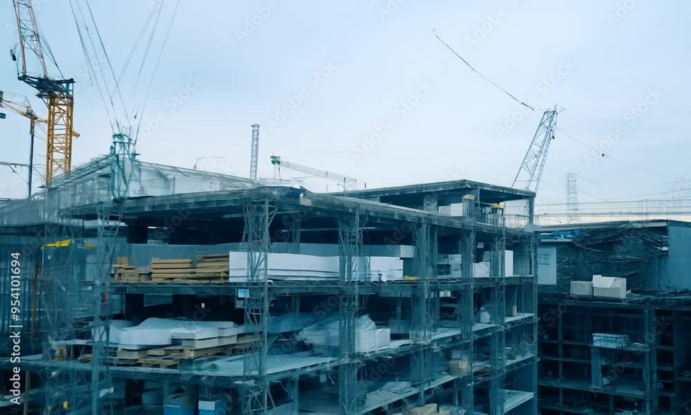 Time lapse of a construction project with materials being delivered and assembled Time lapse of a construction project with materials being delivered and assembled
