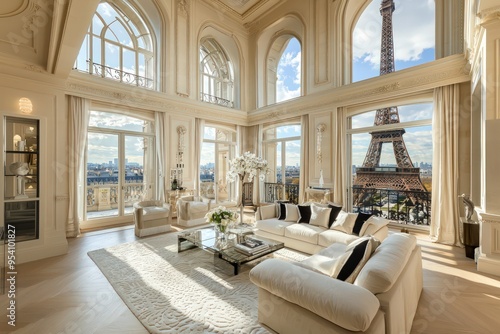 Cream-accented Parisian penthouse with expansive windows and view.