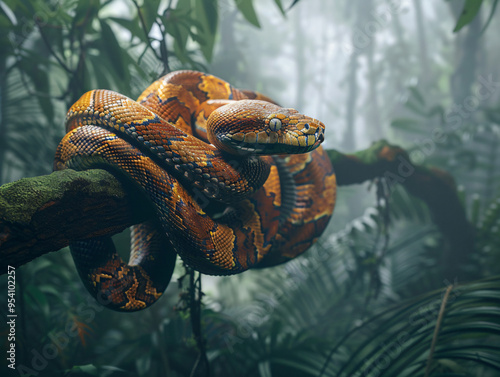 
An Amazon Tree Boa coiled around a branch in the dense jungle, with its vibrant scales and the misty forest in the background, cinematic style, Compositing Core, 8k, detailed, photo