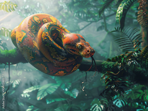 
An Amazon Tree Boa coiled around a branch in the dense jungle, with its vibrant scales and the misty forest in the background, cinematic style, Compositing Core, 8k, detailed, photo