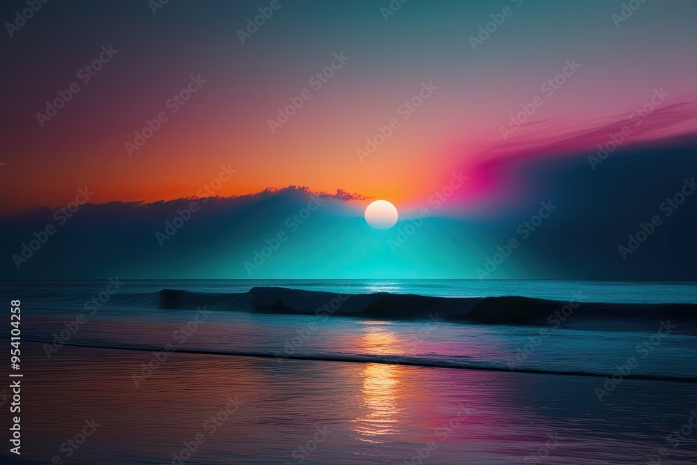 Naklejka premium Vibrant Soft Gradient Landscape in Teal Orange and Magenta with Twilight Waves on Dark Canvas