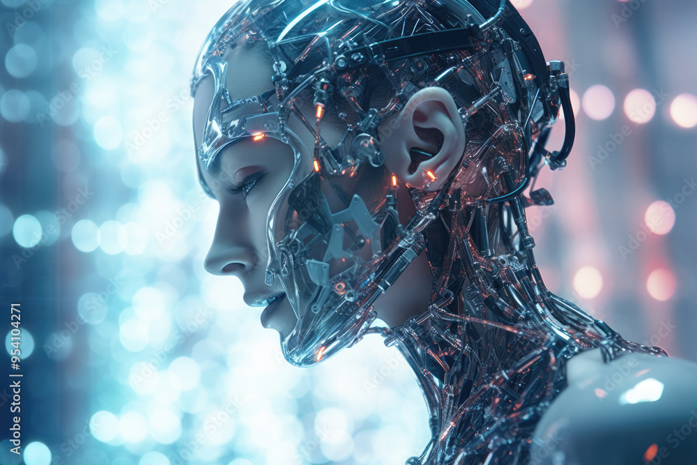 Robotic artificial intelligence head with wires Robotic artificial intelligence head with wires
