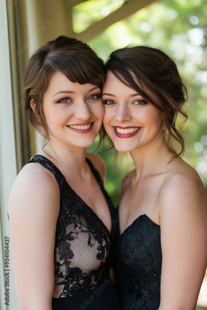 Two women are smiling and posing for a photo. They are wearing black dresses and one of them is wearing a black hat. Scene is happy and friendly Two women are smiling and posing for a photo. They are wearing black dresses and one of them is wearing a black hat. Scene is happy and friendly