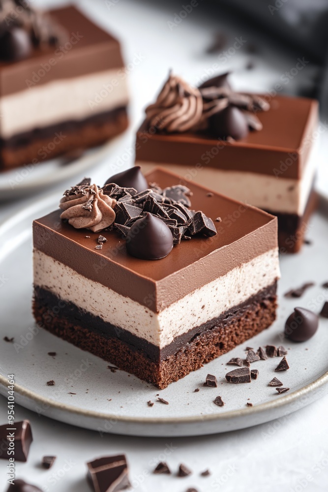 A chocolate cake with chocolate chips on top of it. The cake is cut into squares and is placed on a white plate A chocolate cake with chocolate chips on top of it. The cake is cut into squares and is placed on a white plate