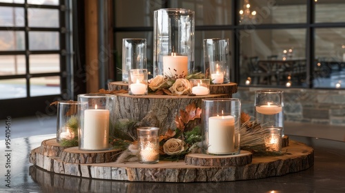 A rustic autumn wedding centerpiece with clear glass vases