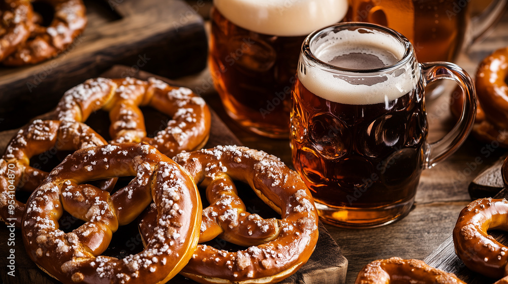 A spread of craft beers and gourmet pretzels served at a beer festival, highlighting local brews and snack A spread of craft beers and gourmet pretzels served at a beer festival, highlighting local brews and snack