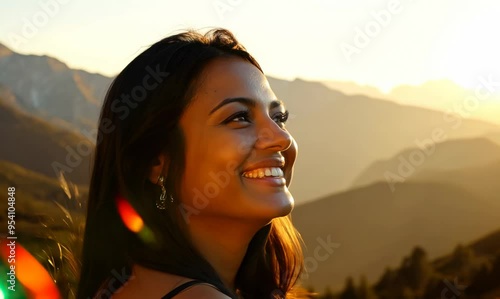 Venezuelan Woman Smiling at Majestic Mountains - Close-Up Shot