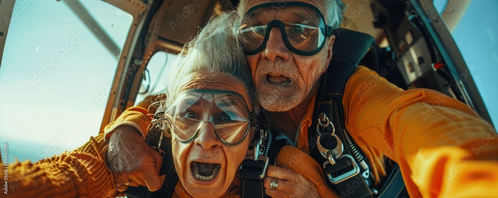 An elderly woman with a look of excitement and fear mid-skydive, accompanied by her instructor. An elderly woman with a look of excitement and fear mid-skydive, accompanied by her instructor.