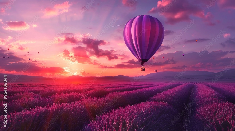 Fototapeta premium A vibrant sunset over lavender fields with a floating hot air balloon. The sky is painted in purples and pinks. This beautiful scene evokes a sense of peace and adventure. AI