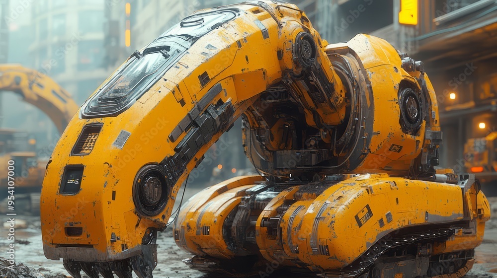 A state-of-the-art robotic construction machine working on a building site, equipped with advanced tools and sensors A state-of-the-art robotic construction machine working on a building site, equipped with advanced tools and sensors