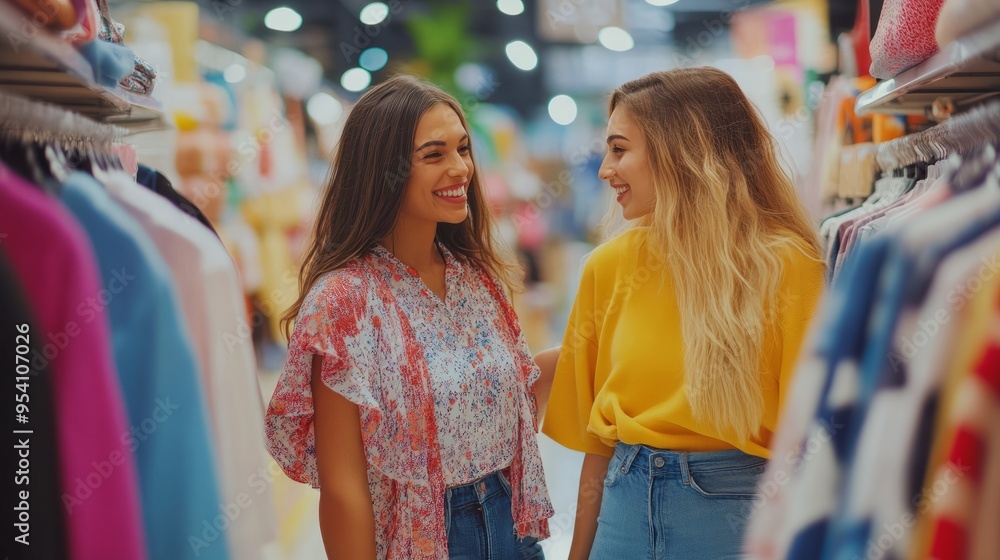 Girl friends shopping for clothes in store Girl friends shopping for clothes in store