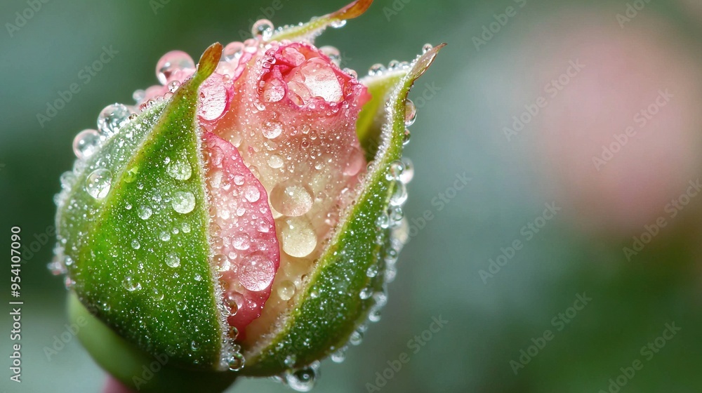 A pink flower with water droplets on its petals and a blurry background A pink flower with water droplets on its petals and a blurry background