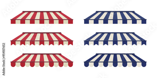Set of striped awning for cafe. Striped shop canopy. Store or cafe sunshade awning.