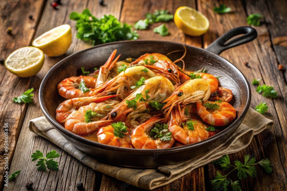 Freshly cooked gamberi prawns sizzling on a hot skillet, garnished with lemon wedges and parsley, on a rustic wooden table against a blurred background. Freshly cooked gamberi prawns sizzling on a hot skillet, garnished with lemon wedges and parsley, on a rustic wooden table against a blurred background.