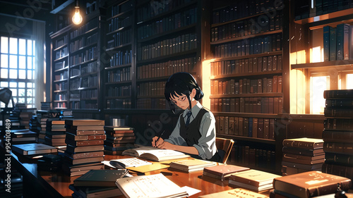 An anime character studies late at night in the academy library, surrounded by ancient books, with the room dimly lit by floating orbs, capturing a quiet and focused moment. photo