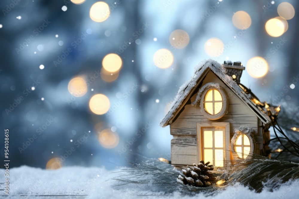 Fototapeta premium Cozy christmas scene with snowy house and warm lights for holiday decor