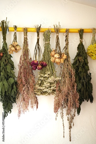 Drying medicinal herbs in an old-fashioned way.