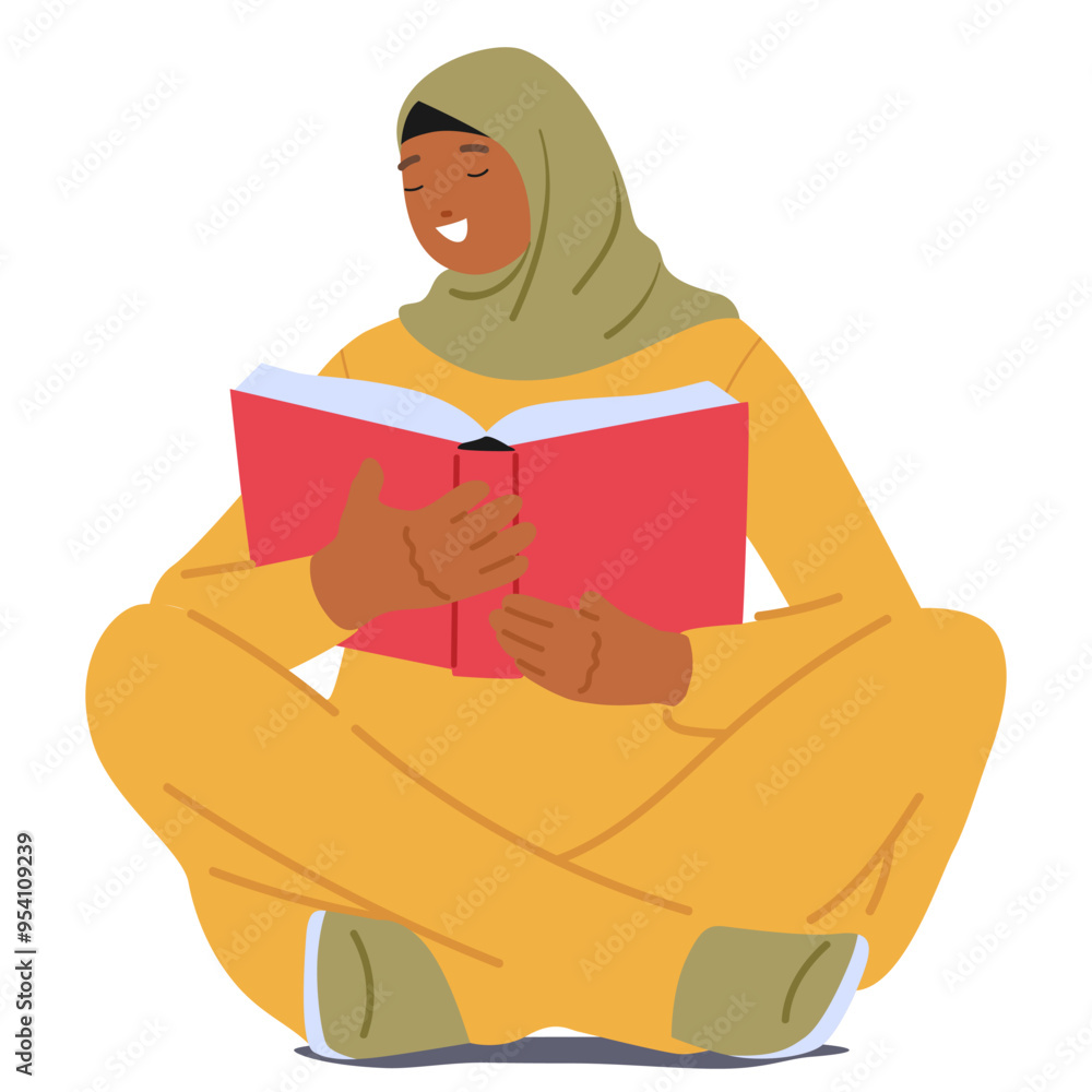 Smiling Muslim Woman Character Wearing A Hijab, Sitting Cross-legged And Reading A Book. Concept Of Education Smiling Muslim Woman Character Wearing A Hijab, Sitting Cross-legged And Reading A Book. Concept Of Education