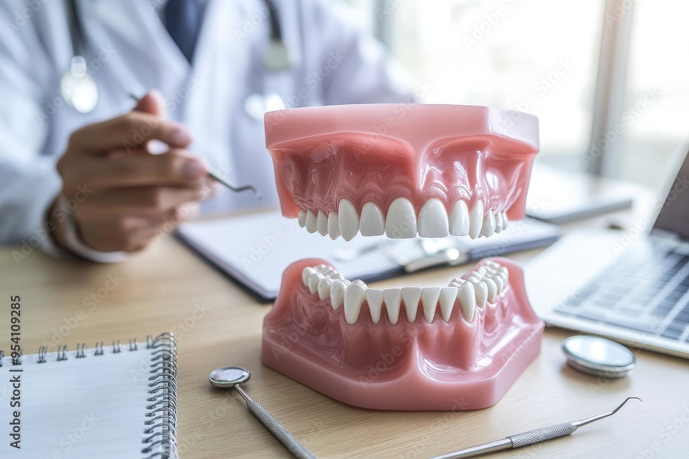 There is a model of the oral cavity on the table in front of the doctor. There is a model of the oral cavity on the table in front of the doctor.