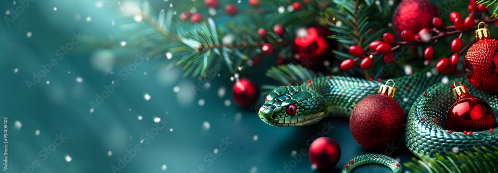 Wooden background with New Year decoration and snake, symbol of 2025, banner. Copy space Wooden background with New Year decoration and snake, symbol of 2025, banner. Copy space