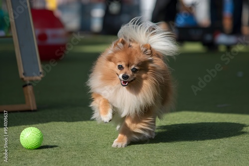 Pomeranian excitedly chases a small ball, pouncing on it with joy photo