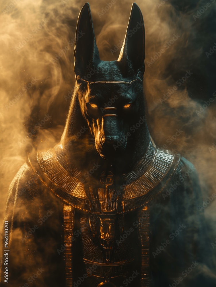 Naklejka premium Anubis, gold details, photographic scene, cinematography, cinematic lightning, hyperrealism, hyper-realistic, dark fear bluish light, Smoky background insane detail