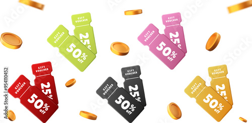 3D coupons set. Colored voucher cards and gold coins. Isolated Vector realistic promotion design elements. For special price offers and promotion poster, Black Friday sale