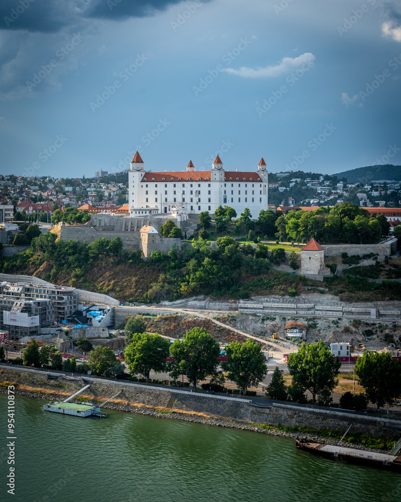 Fototapeta premium UFO observation deck in Bratislava. View from above on Bratislava. Aerial view of Bratislava Castle