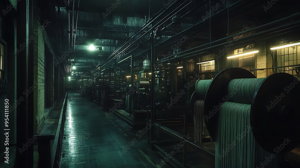 Fototapeta premium Industrial Factory Interior with Spools of Wire and Machinery