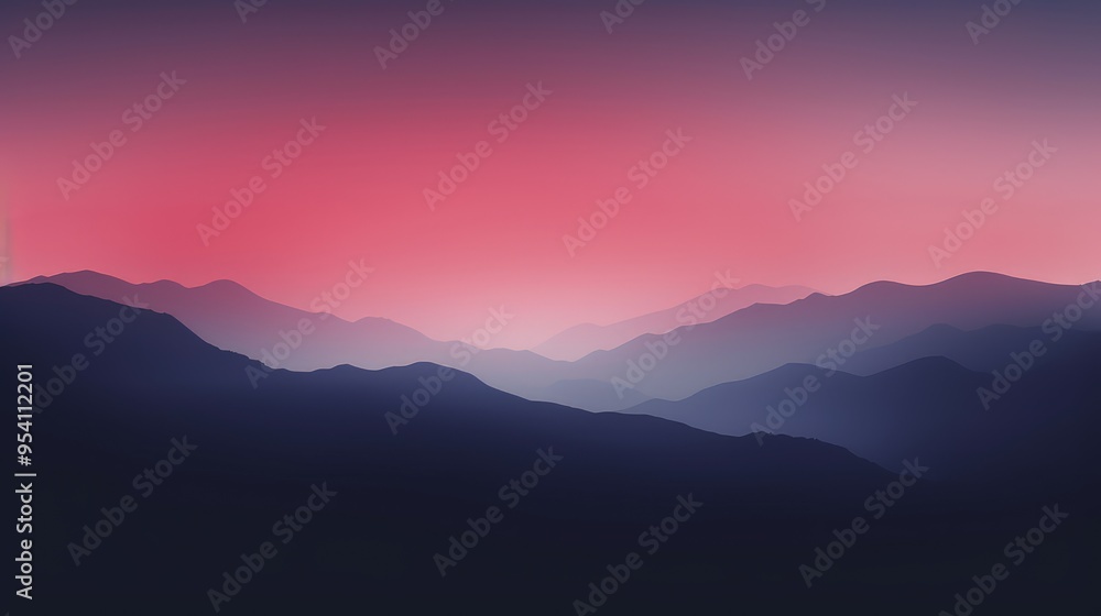 A serene mountain landscape at dusk with gradient colors blending from purple to pink. A serene mountain landscape at dusk with gradient colors blending from purple to pink.