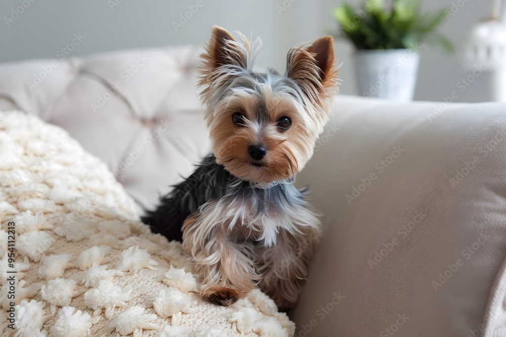 Yorkie makes itself comfortable, sinking into plush couch cushions Yorkie makes itself comfortable, sinking into plush couch cushions