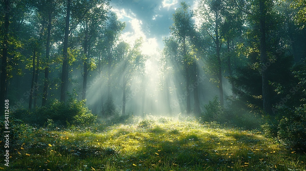Sun beam illuminates center forest on bright day Sunlight filters through branches above Sun beam illuminates center forest on bright day Sunlight filters through branches above